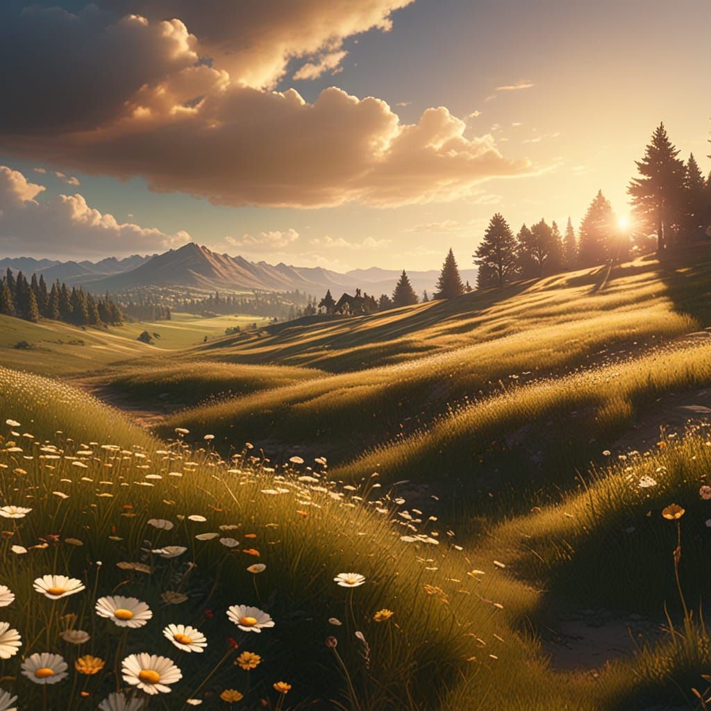 Giant Shadow Over Sunlit Meadow in Fantasy Art Style
