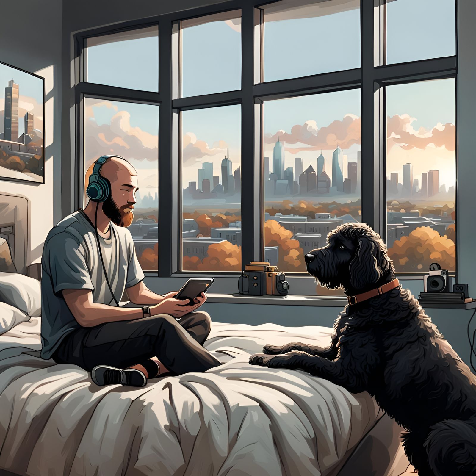 Lofi Boy and Dog Listening to Music