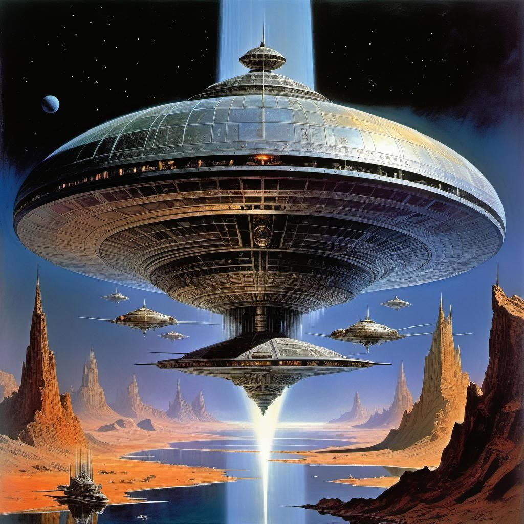 Futuristic Gods Orbiting Distant Planet in Sci-Fi Art