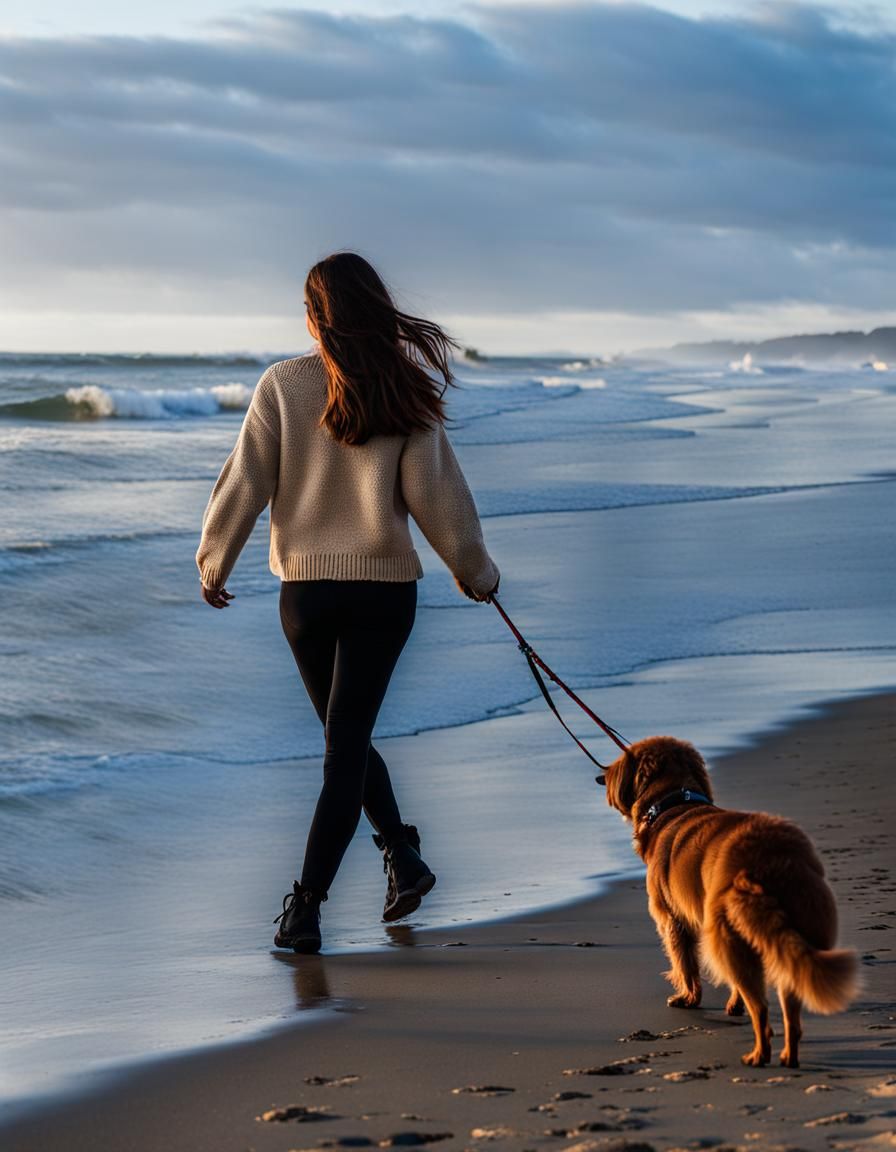 Girl Walking Dog on Beach Near Waves