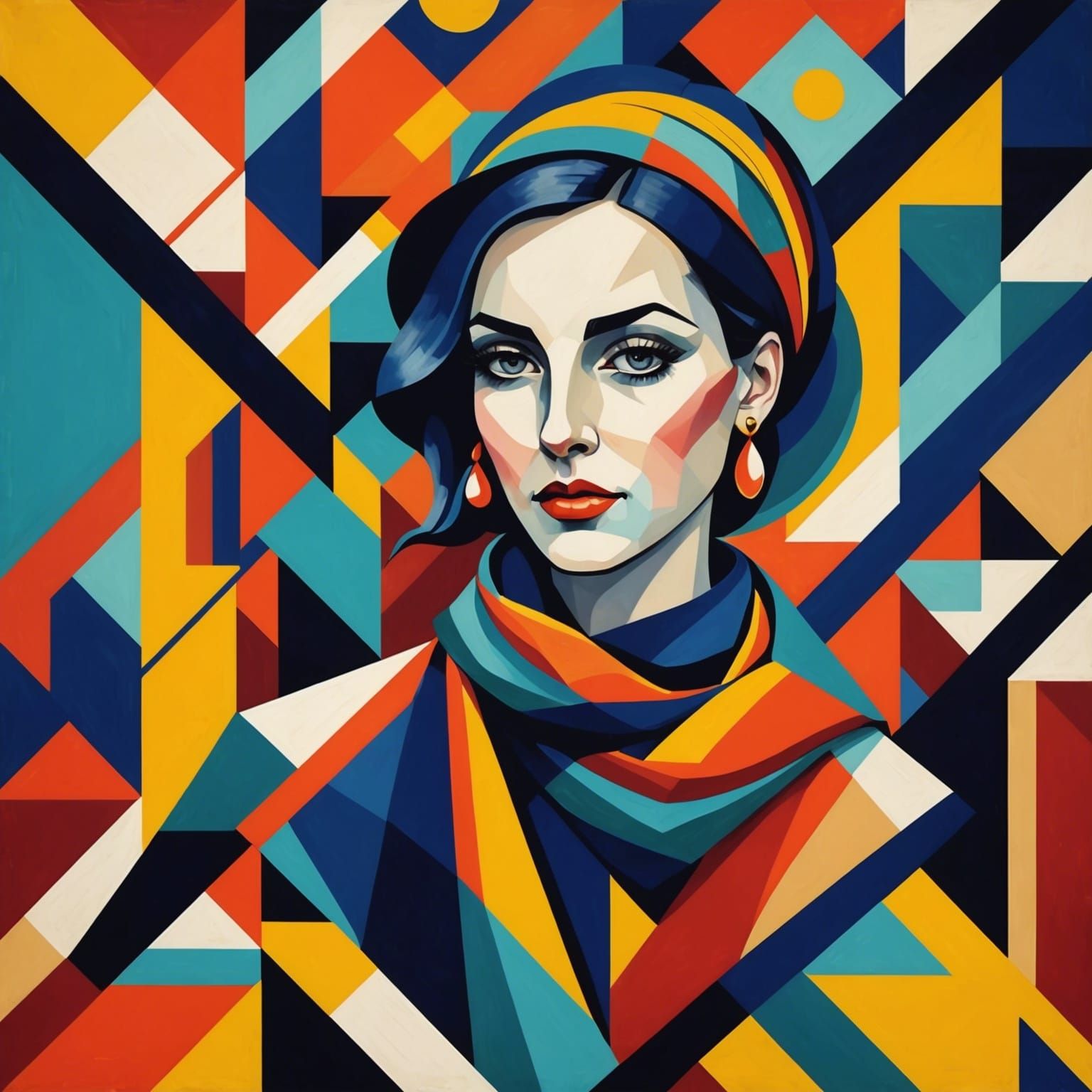 Cubist Woman with Scarf in Geometric Fauvism Style