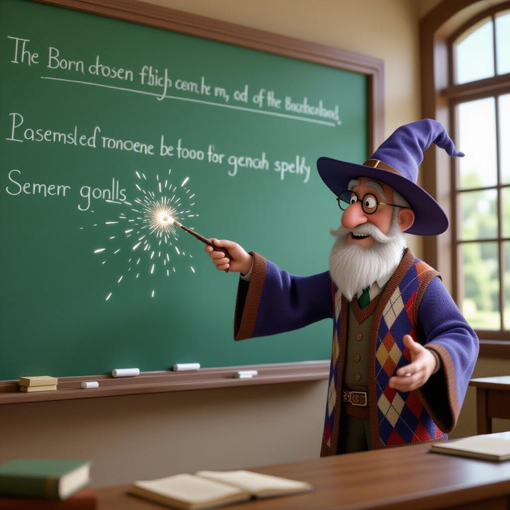 Magic Warlock Professor Erasing Spells on Chalkboard