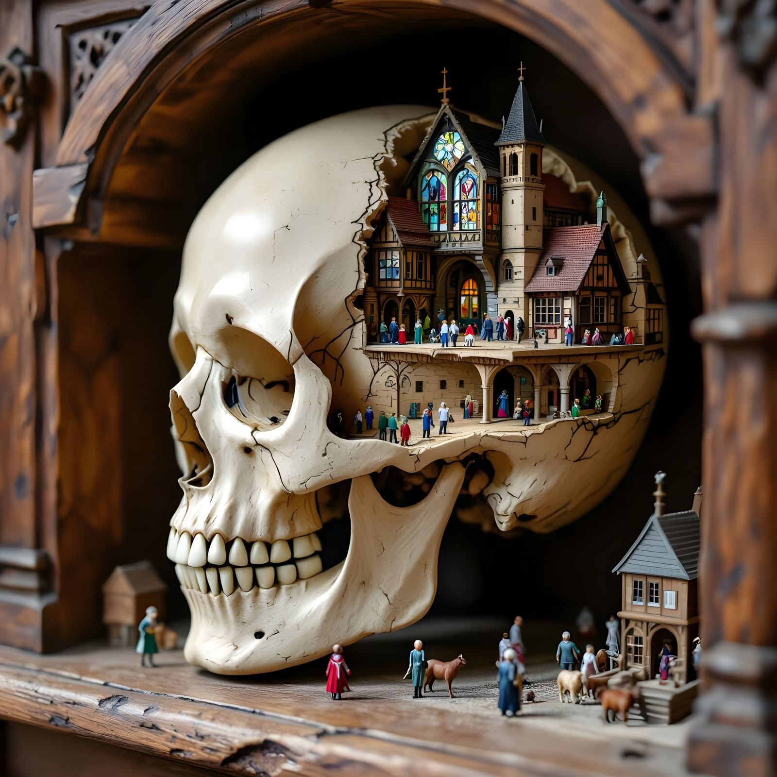 Miniature Medieval World Inside Human Skull