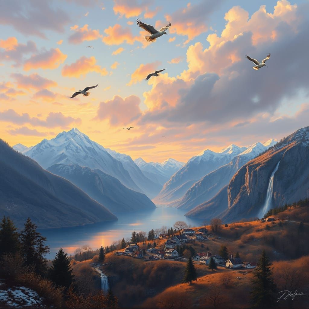 Majestic Mountain Sunset Over Village and Lake