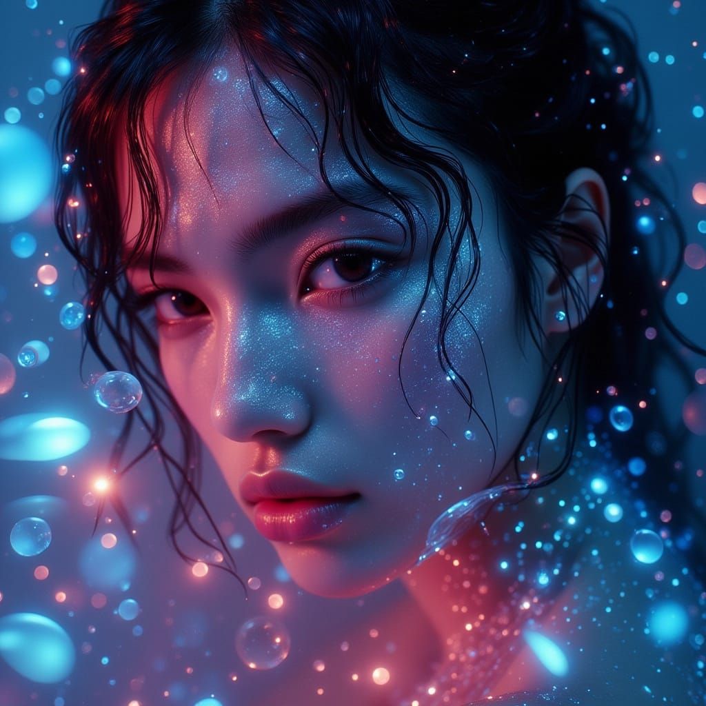 Submerged Face in Neon Lights: Hyperrealistic Portrait