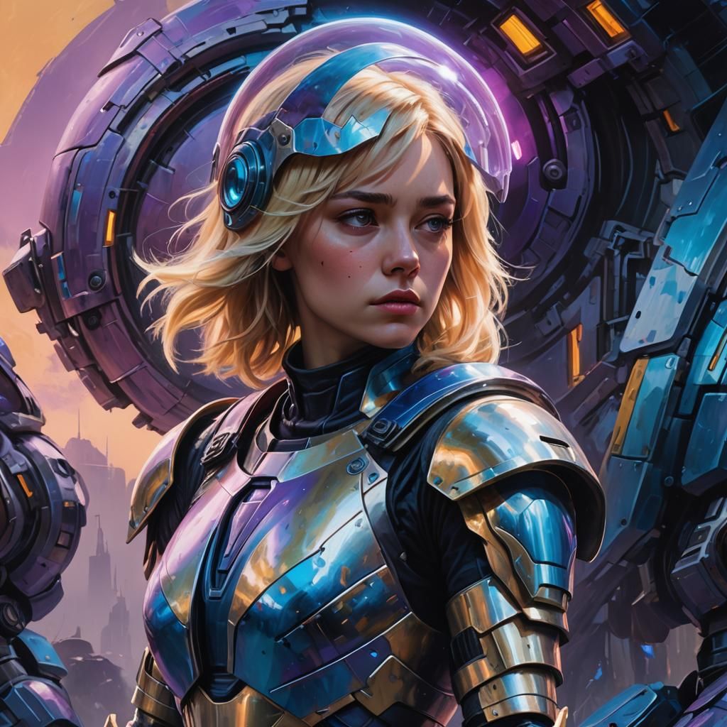 Woman in Futuristic Armor as Vibrant Oil Painting