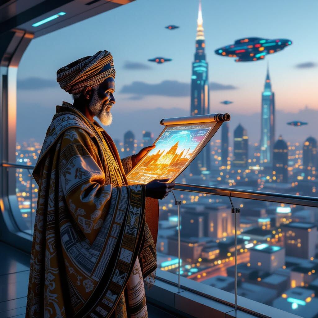 Futuristic Somali Elder with Holographic Scroll