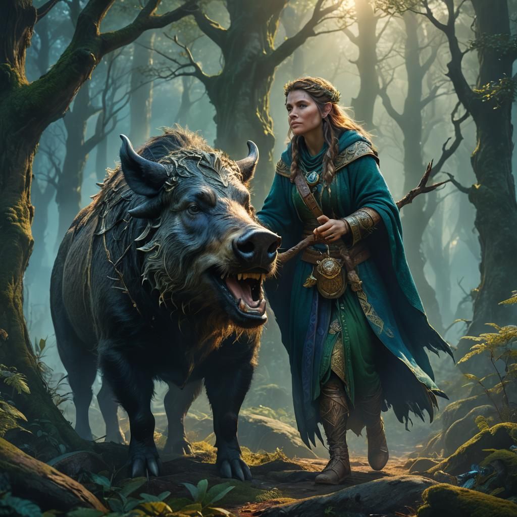 Druid and Boar Familiar in Emerald Forest