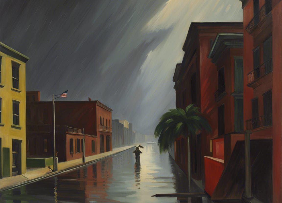 City Earthquake During Tropical Storm: Oil Painting