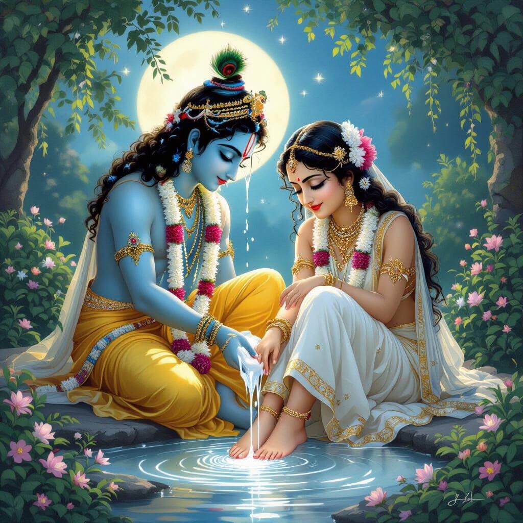 Lord Krishna Washes Radha's Feet in Luminous Garden
