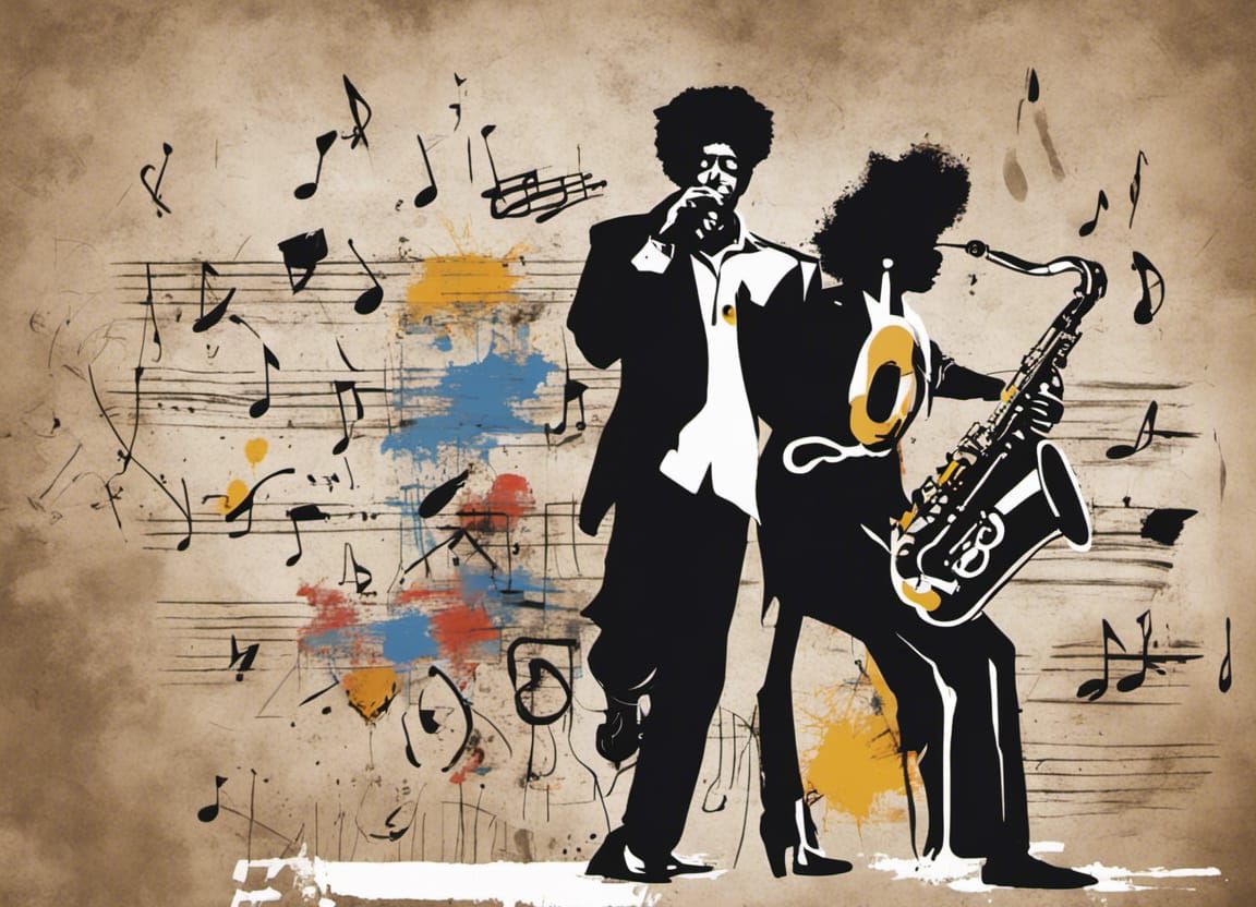 Jazz Duo: Saxophone Serenade in Basquiat Graffiti Style