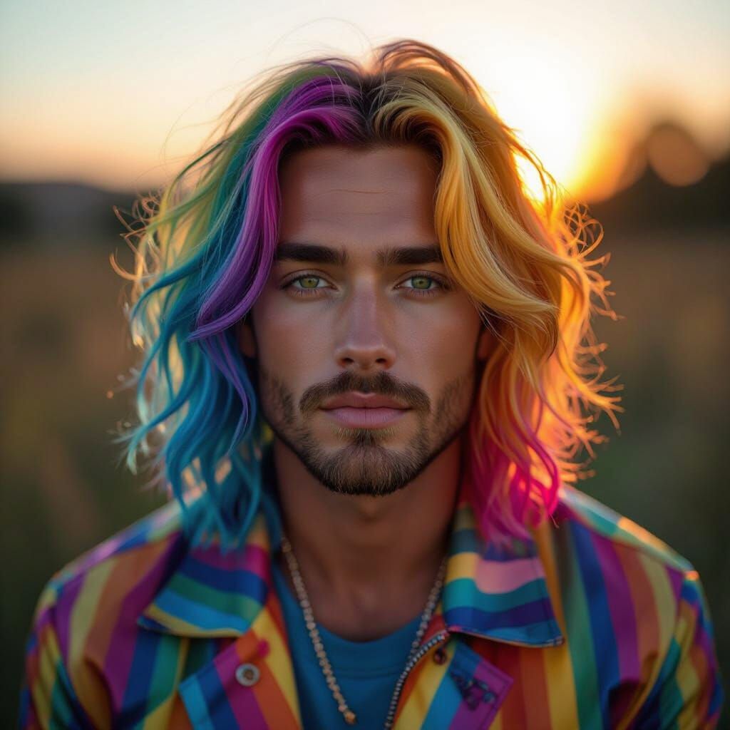 Photorealistic Man with Rainbow Hair and Clothes in Golden H...