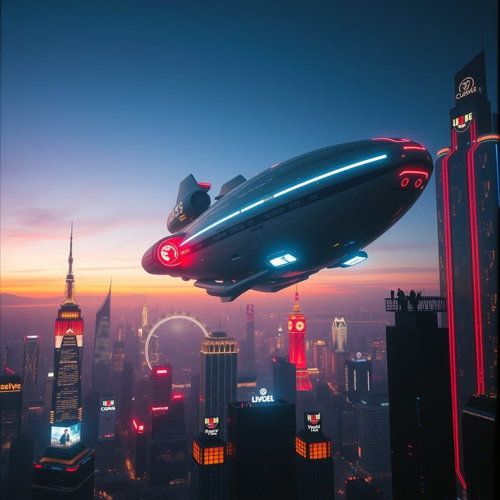 Gargantuan Spaceship Lands in Futuristic Neon Metropolis