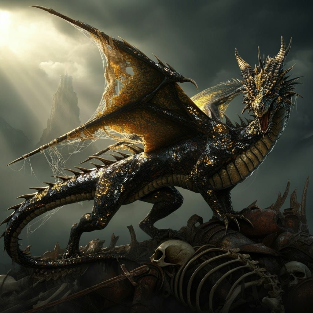 Majestic Black and Gold Dragon in Ancient Lair