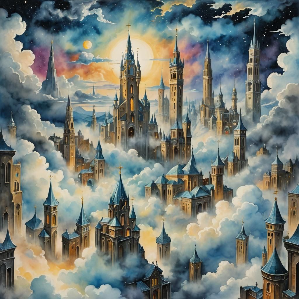 Heavenly City in Surreal Watercolor Style