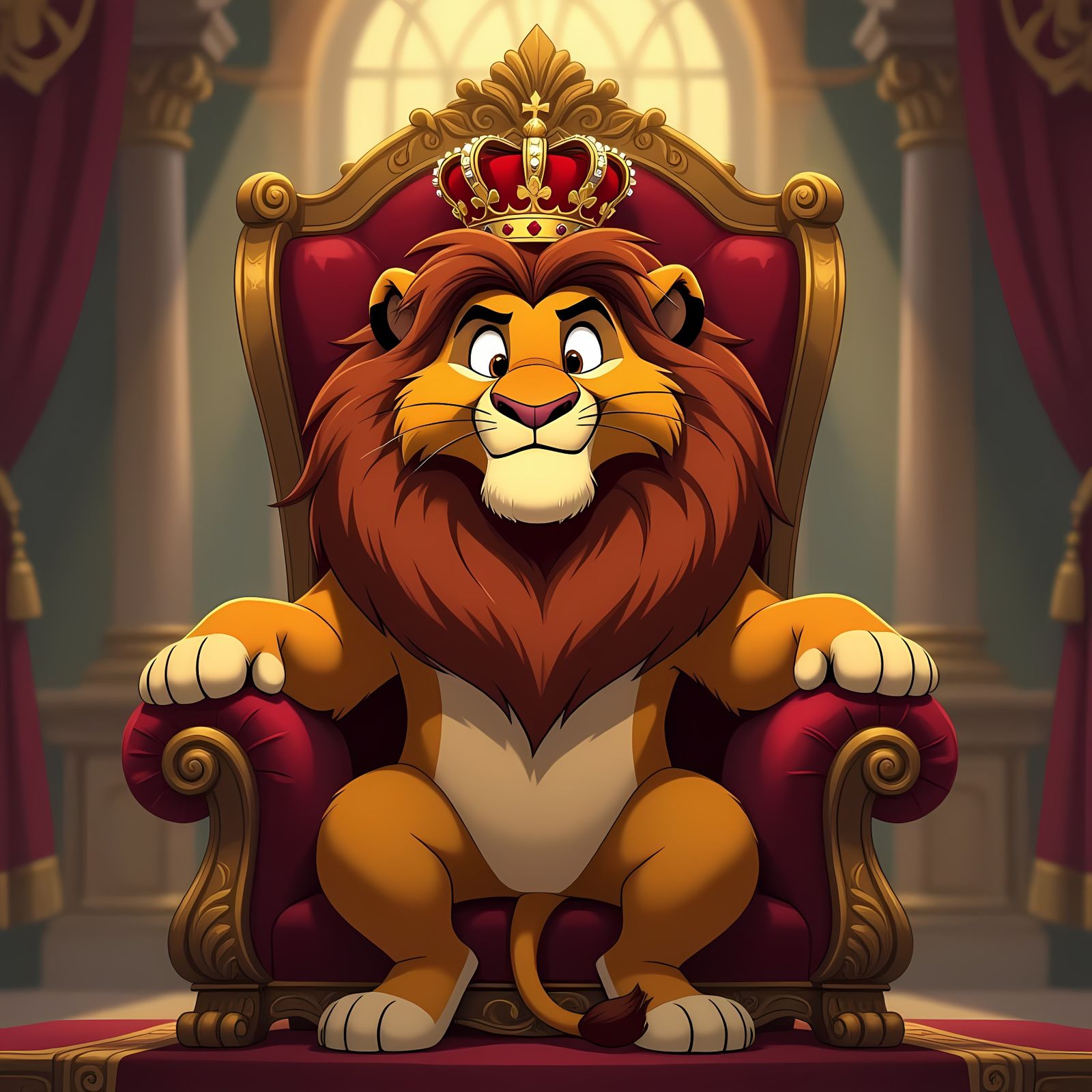 Regal Lion King on Velvet Throne in Opulent Hall