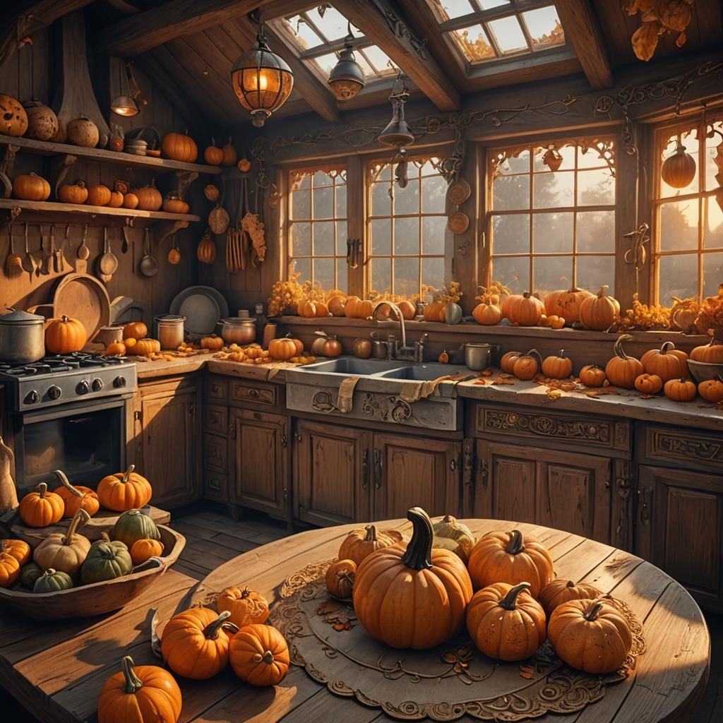 Cozy Cottagecore Kitchen with Gourds: Fantasy Illustration
