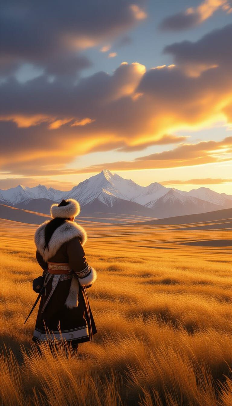 Mongolian Nomad Views Golden Hour Sunset Over Vast Steppe