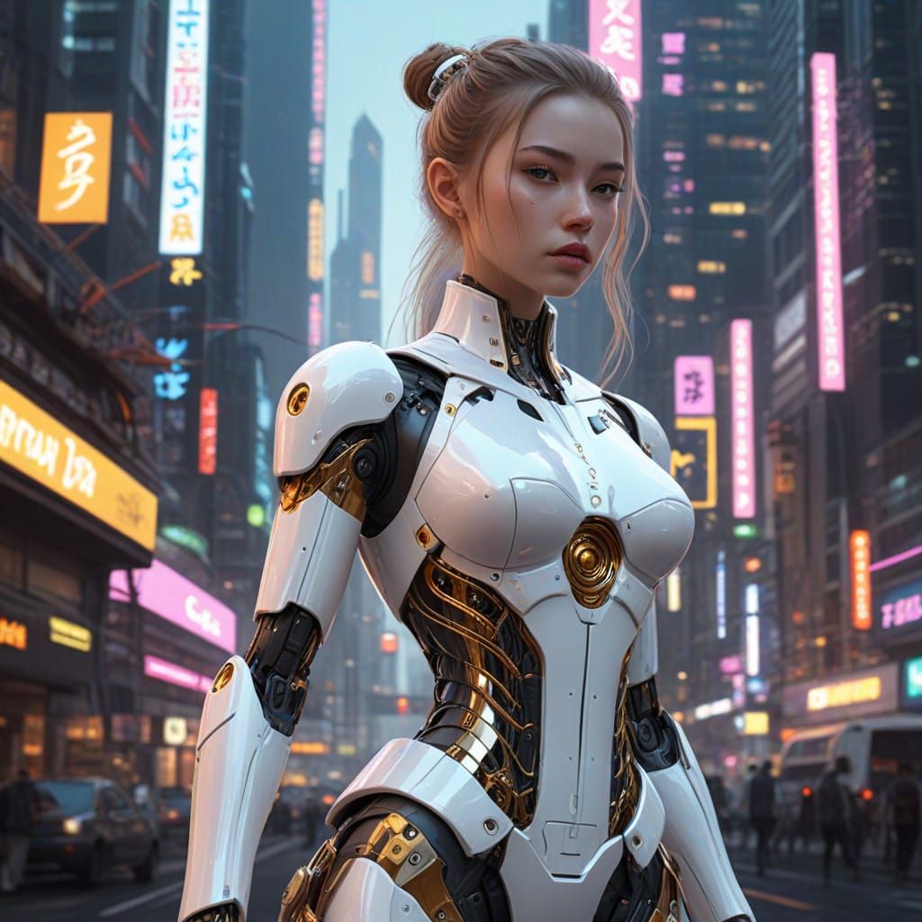 Girl Robot in Futuristic Cityscape Art