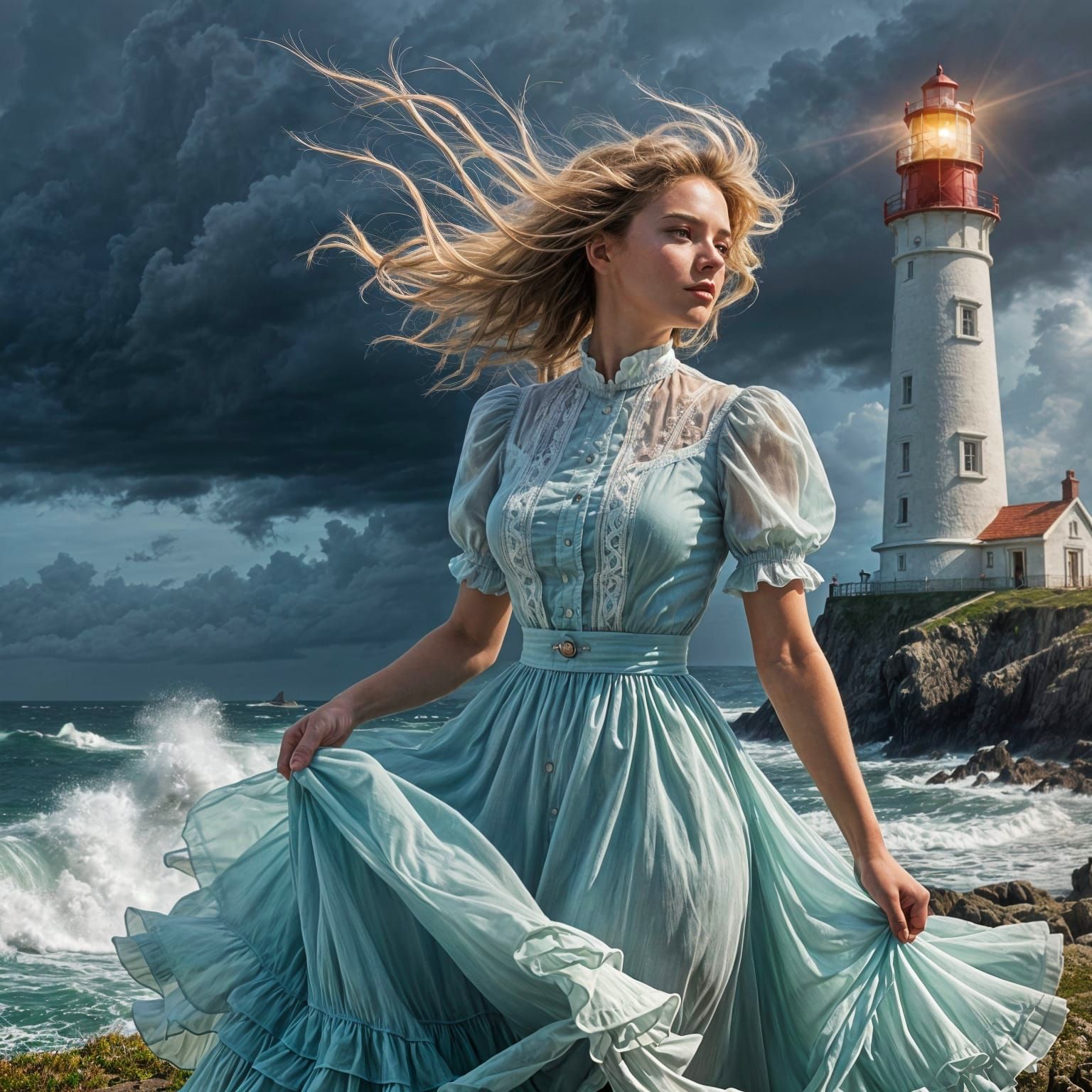 Whimsical Lighthouse Keeper in a Stormy Coastal Scene