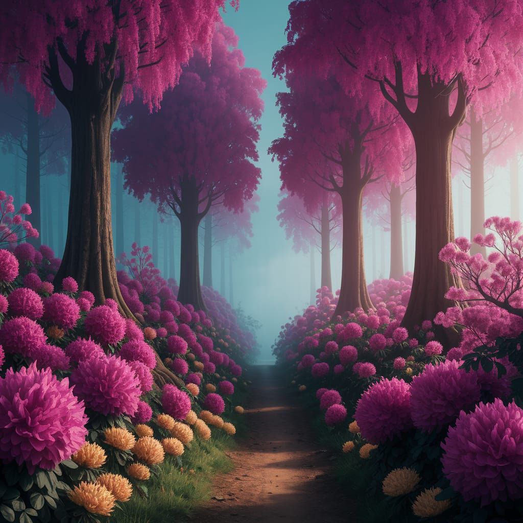 Surreal Pink Forest with Ethereal Light and Misty Depths