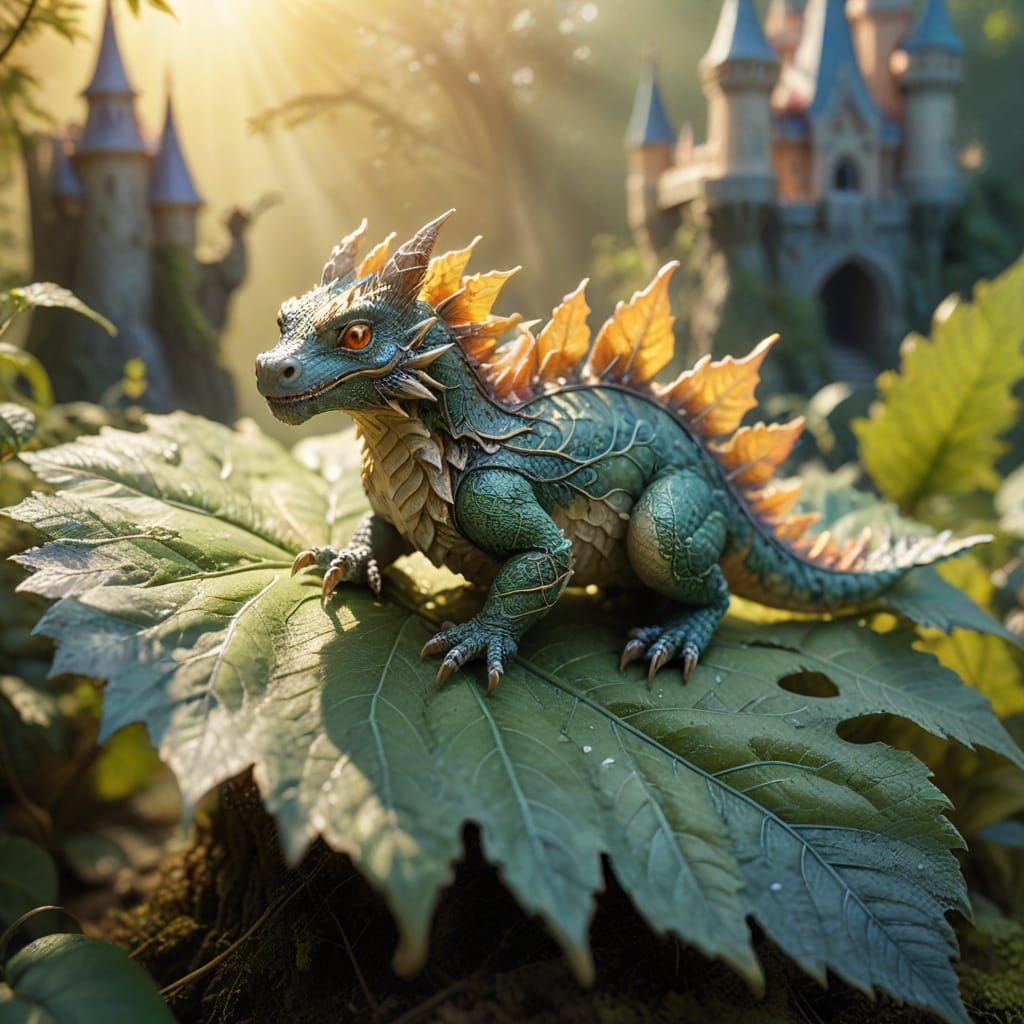 Whimsical Miniature Godzilla in a Watercolor Fantasy Scene