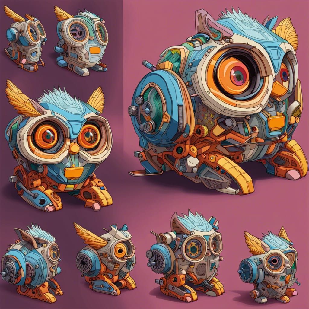 Biomechanical Furby: Technical Drawing in Vivid Colors
