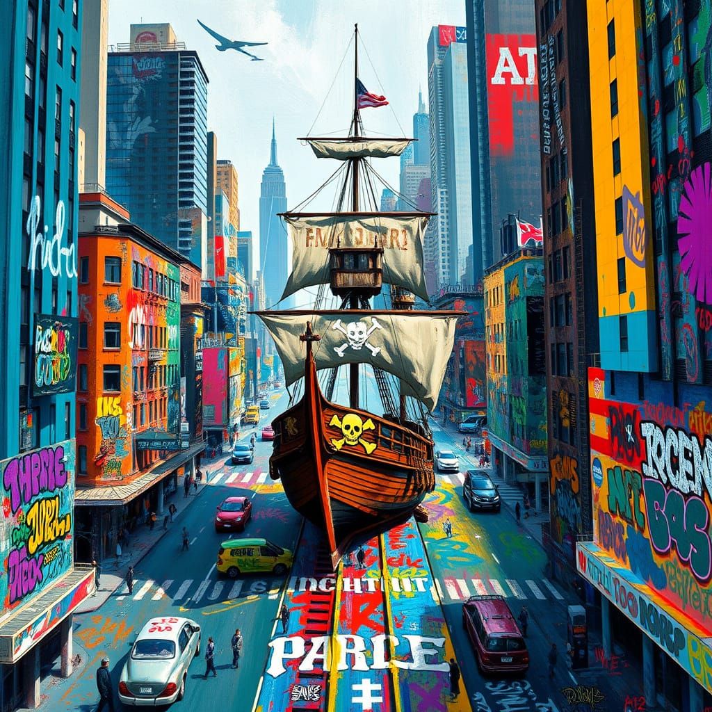 Vibrant City Meets Pirate Ship in Cyberpunk Style