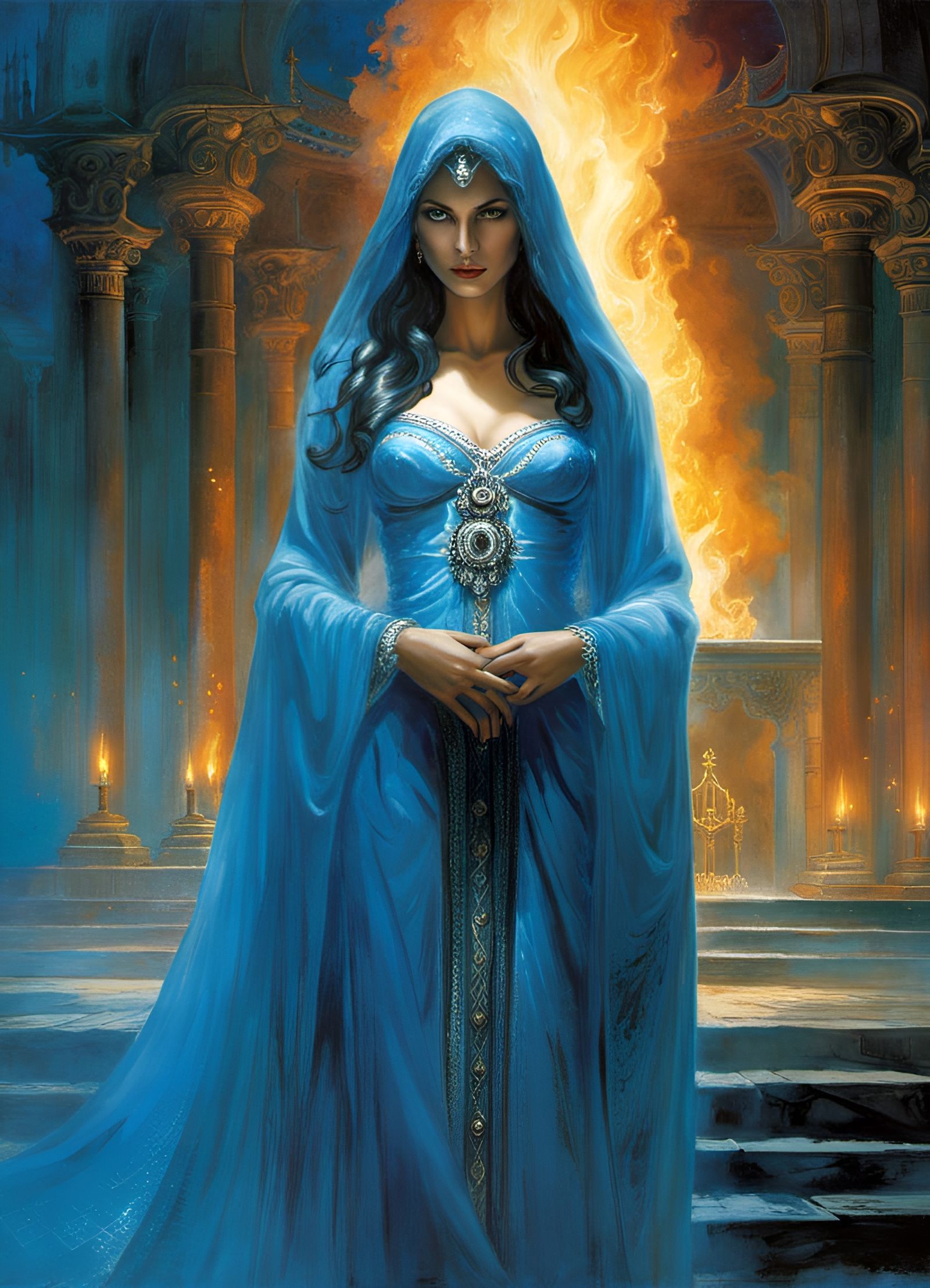 Blue Flame Priestess in Dark Fantasy Style