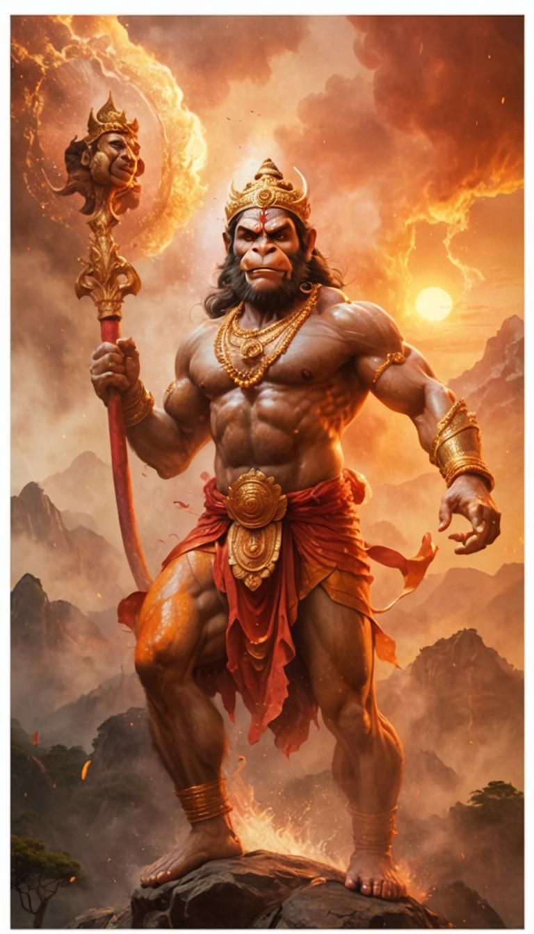 Lord Hanuman Reveals Rama and Sita Amidst Fiery Sunset