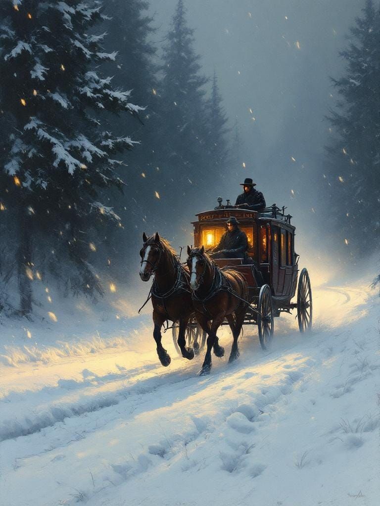 Stagecoach in Snowstorm, Impressionist Style
