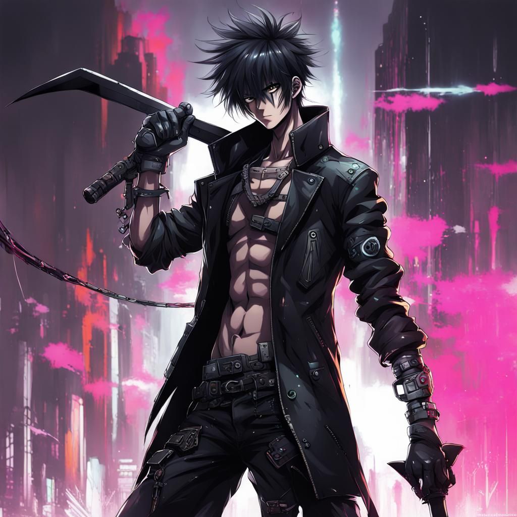 Cyberpunk Anime Character with Metal Bat
