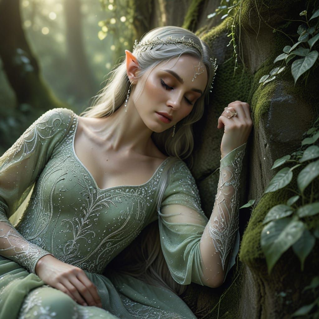 Ethereal Elvish Princess in Lush Forest Sunrise