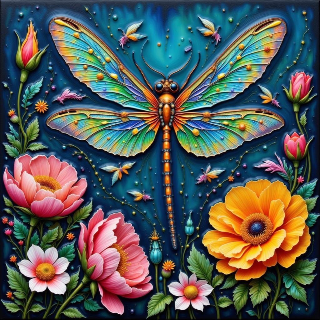 Iridescent Dragonfly in Whimsical Storybook Garden