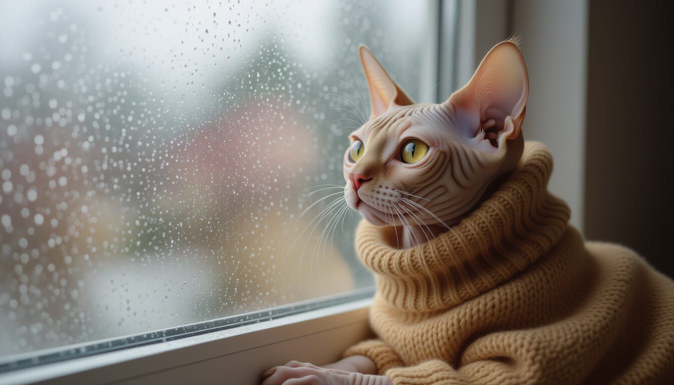Sphynx Cat Gazing out Rainy Window, Digital Illustration