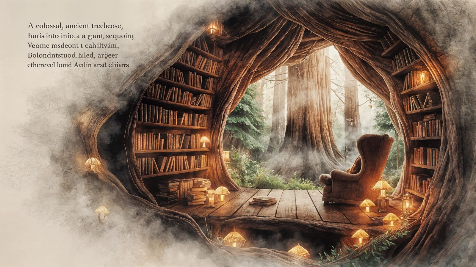 Ancient Sequoia Treehouse Library in Watercolor