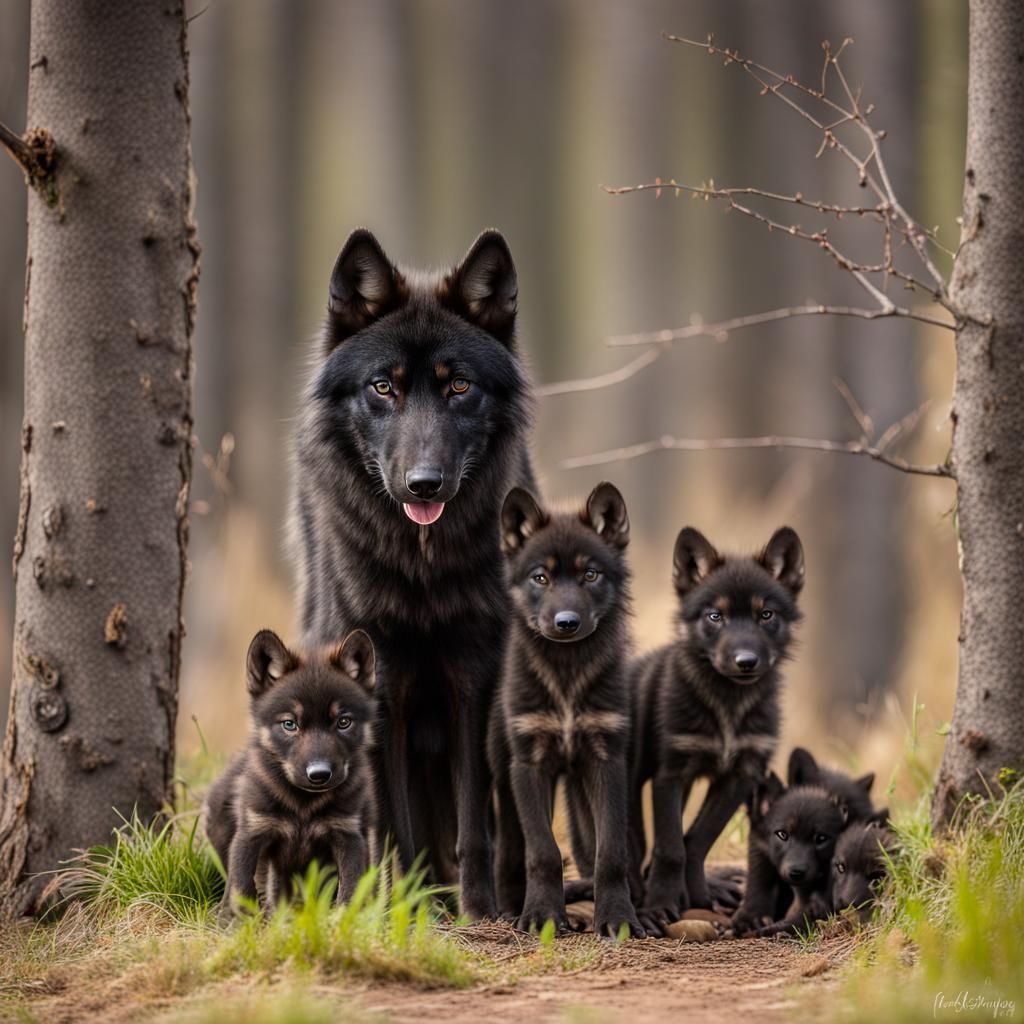 Black Wolf and Pups in Natural Habitat