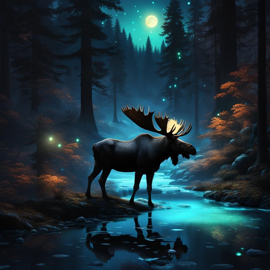 Mystical Forest at Night in Roger Dean Style