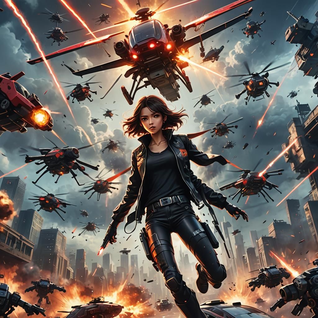 Realistic Anime Style: Woman in Helicopter Under Robot Attac...