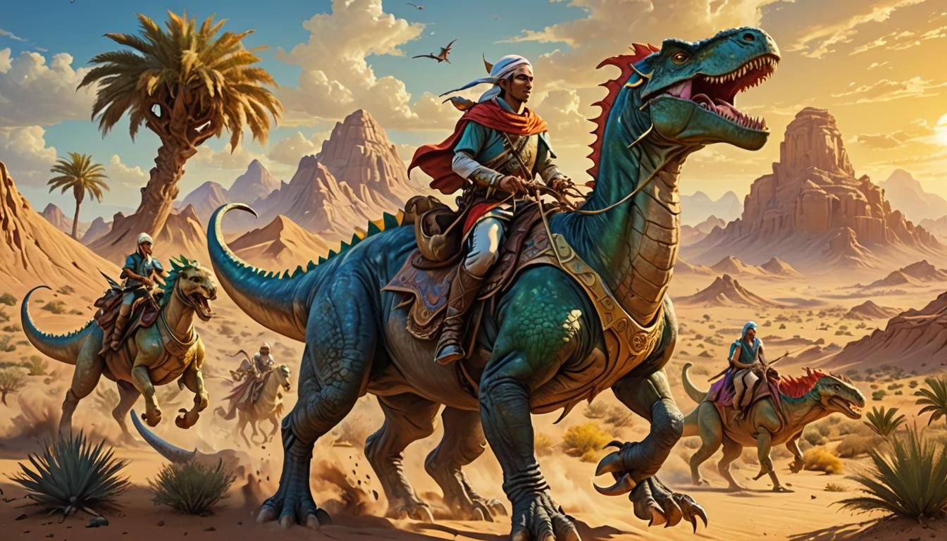 Elves on Dinosaurs Patrol Desert in High Fantasy Style