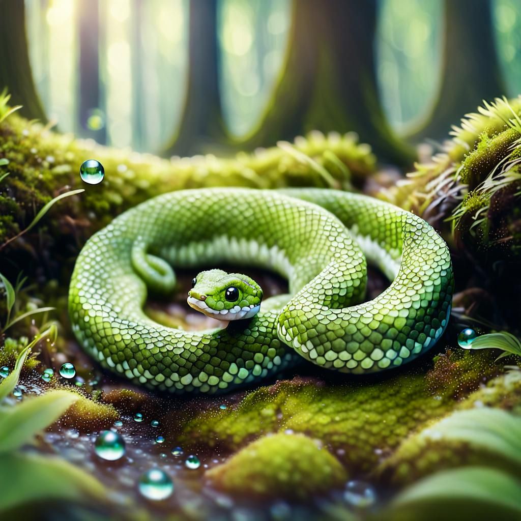 Adorable Moss Snake in Dreamy Watercolor Style
