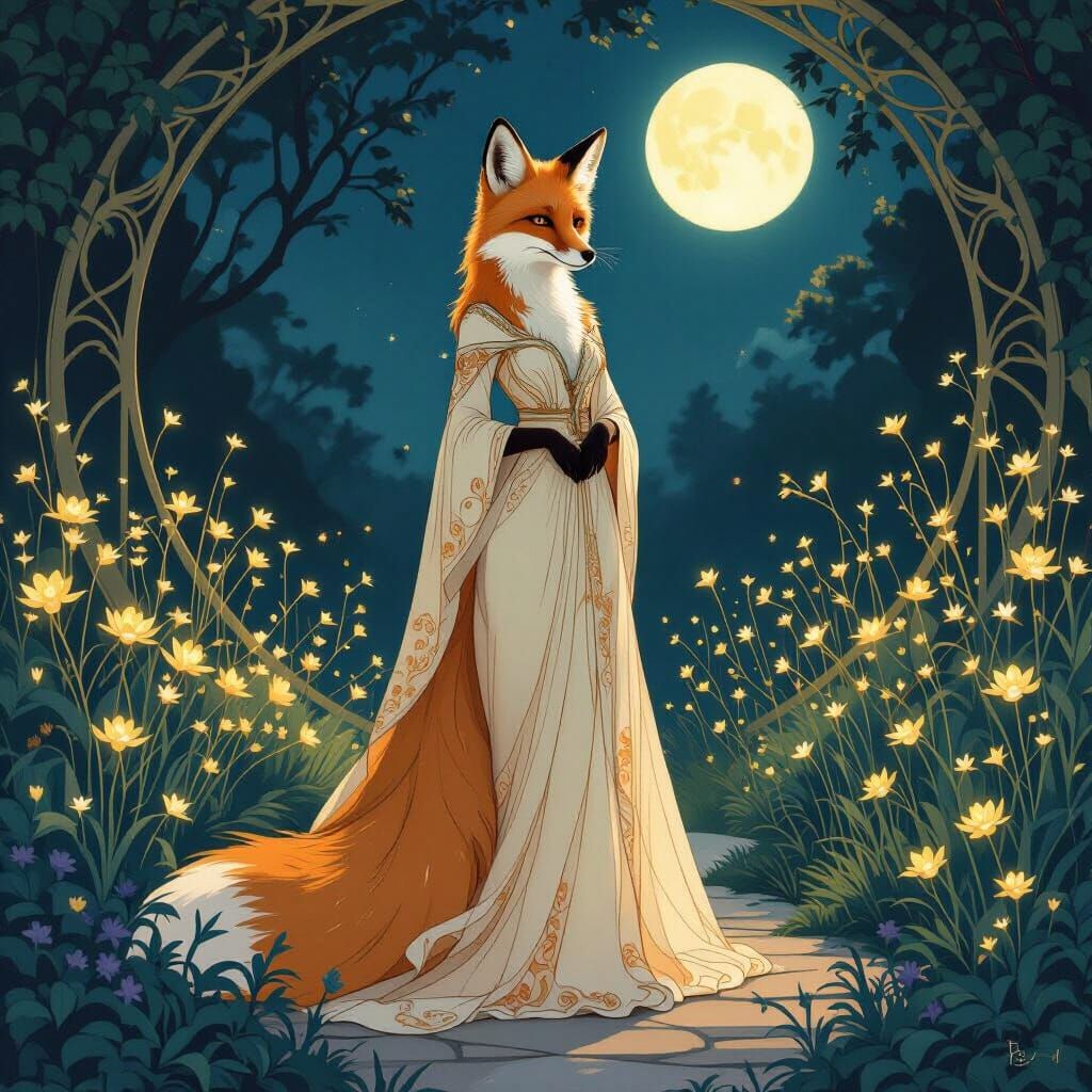 Art Nouveau Fox in Moonlit Garden