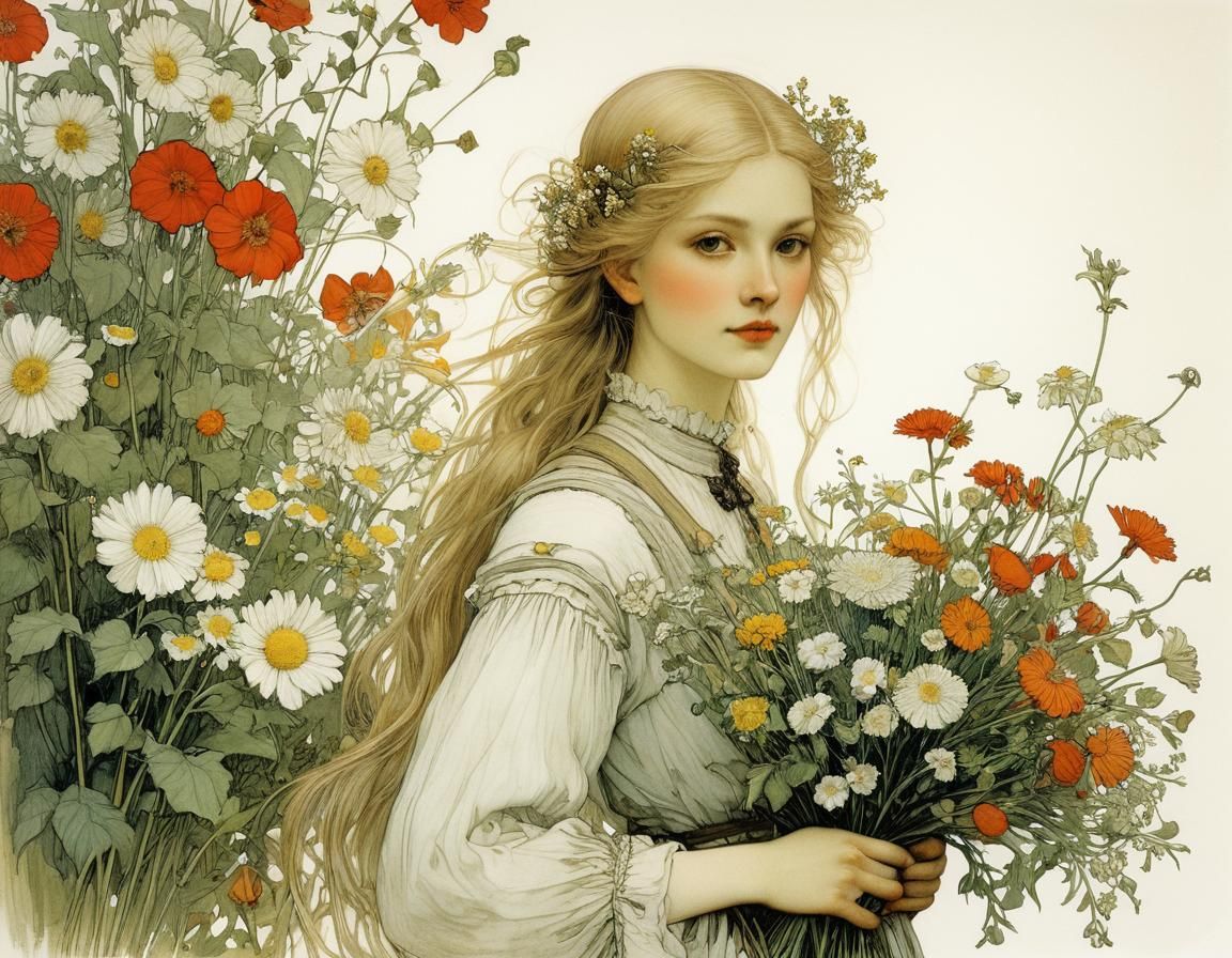 Girl with Flowers in Classic Illustration Style