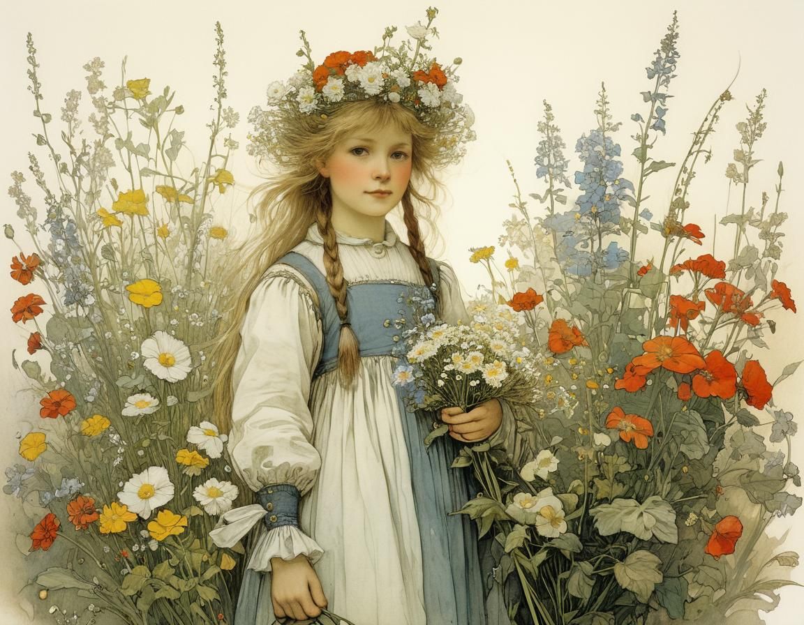 Girl with Flowers in Classic Illustration Style