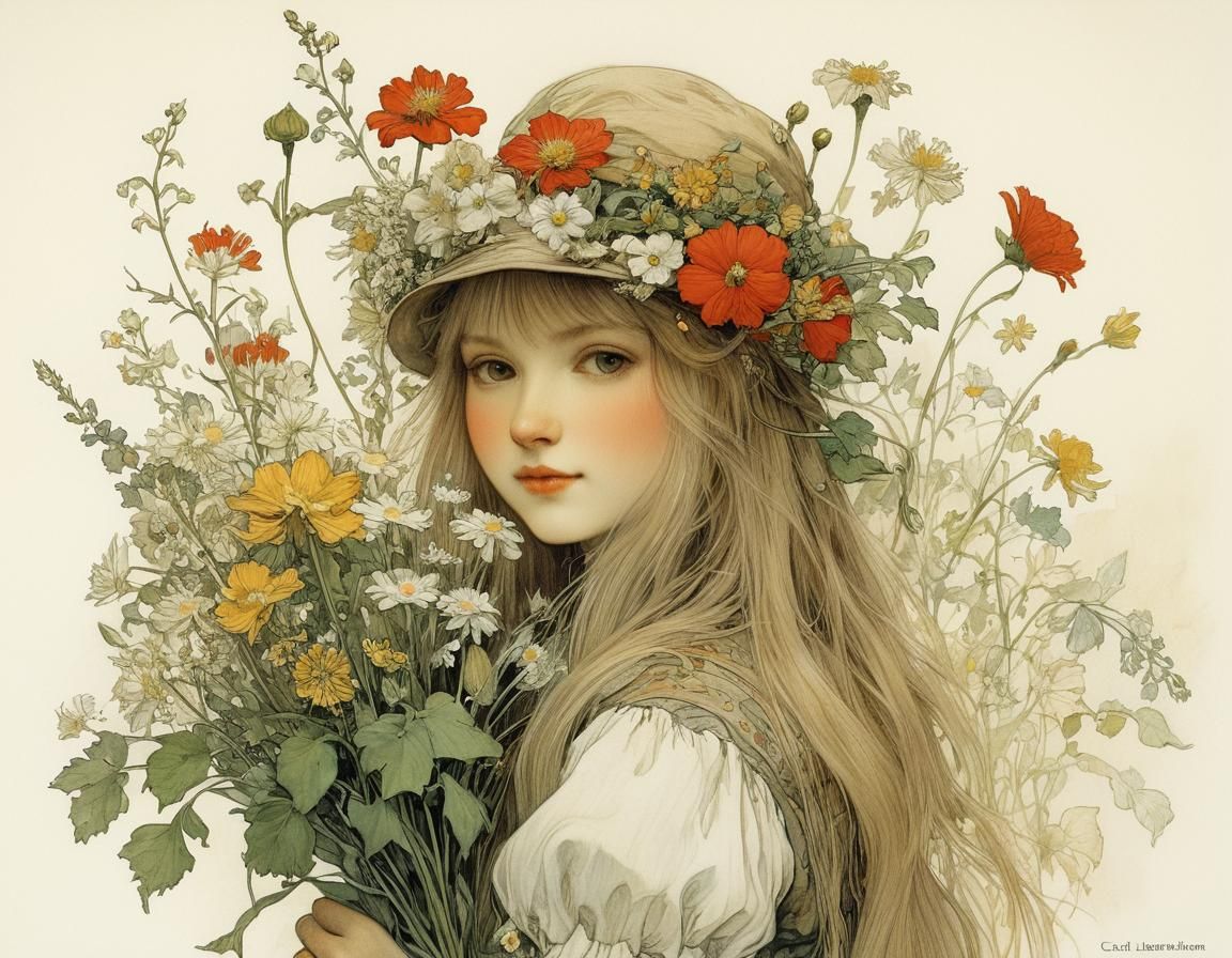 Whimsical Floral Portrait in Watercolor Style