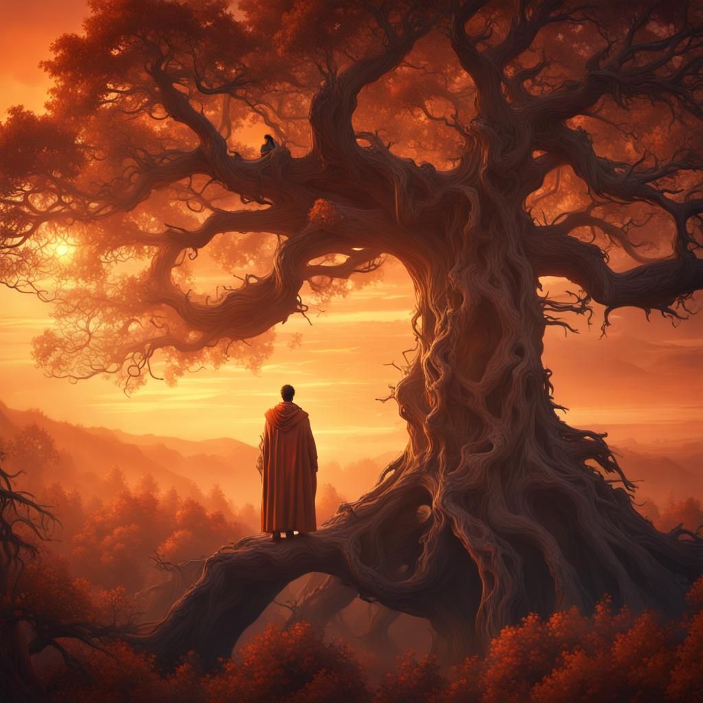 Cloaked Figure on Giant Tree at Sunset