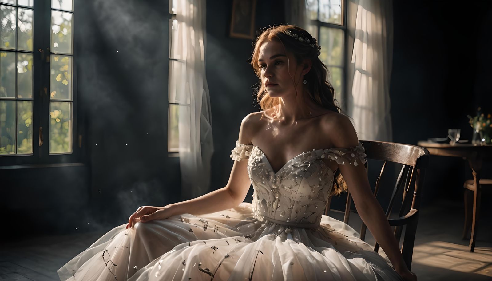 Woman in White Dress in Dark Room