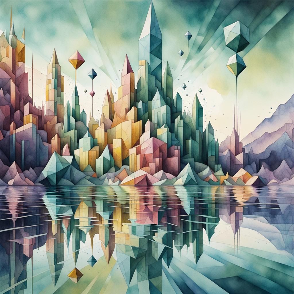 Alien Cities by Lake in Cubist Pastel Splash Art