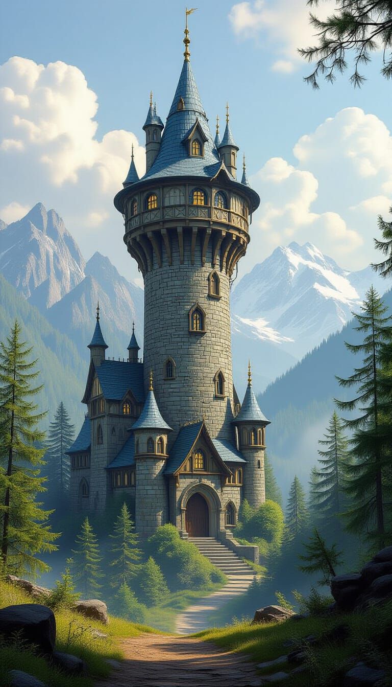 Majestic Wizard's Tower in Forest Clearing
