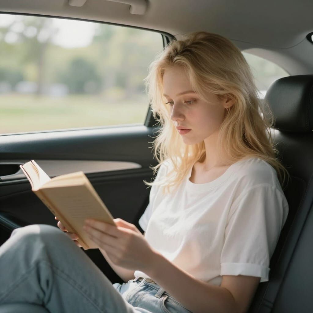 Beautiful Blonde Girl Reading in a Car